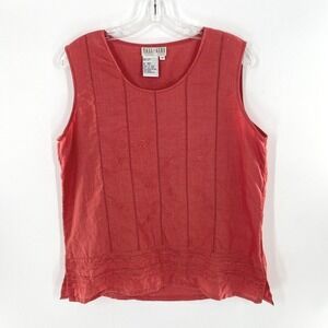Tall Girl Linen Tank Top Women's Medium Coral‎ Red Sleeveless Floral Embroidered